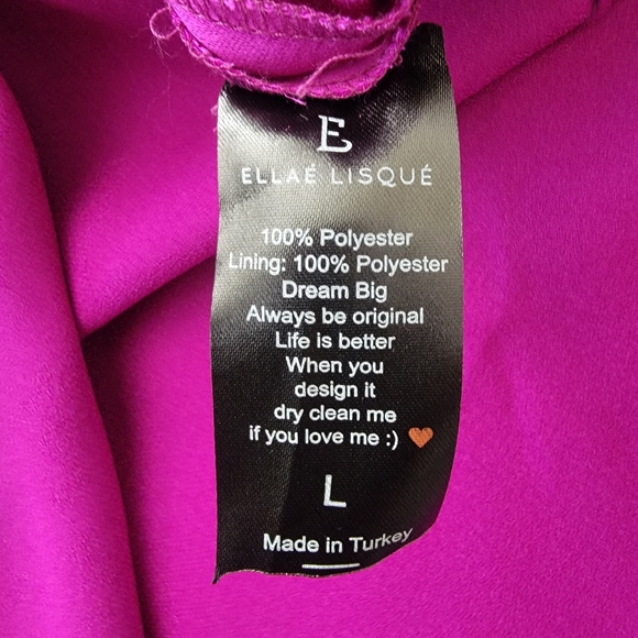 Ellae Lisque Purple Satin Long Sleeve Side Slits Bow Front Dress Women's size L. - Picture 12 of 13